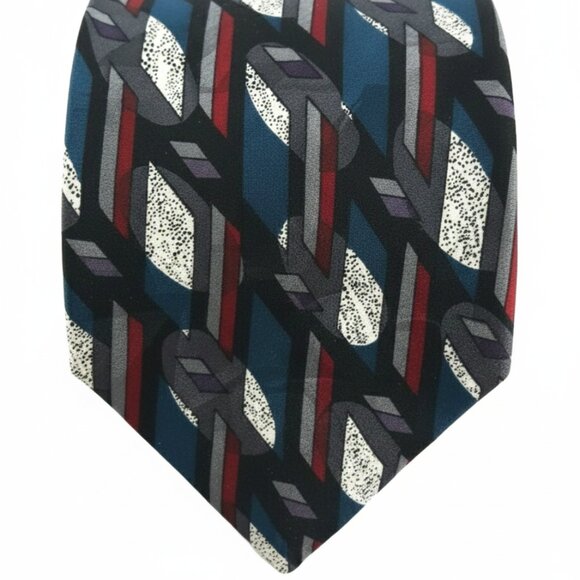 Louis Raphael 100% Silk Necktie Abstract Geometric Black White Gray Red and Teal - Picture 1 of 5